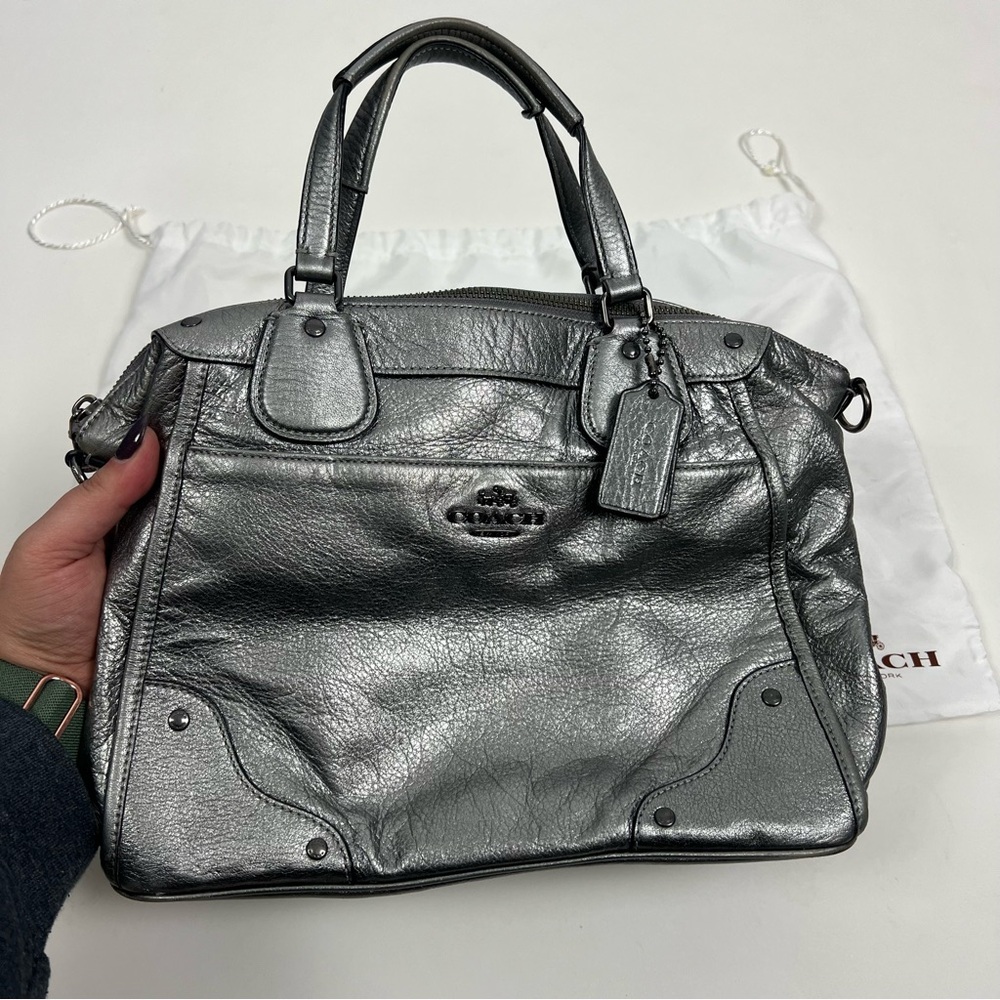 Coach Mickie Satchel Purse Metallic Pewter Gunmetal Gray Leather - Picture 3 of 10